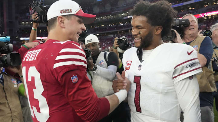 Dec 17, 2023; Glendale, Ariz, United States; Arizona Cardinals quarterback Kyler Murray (1) congratulates San Francisco 49ers quarterback Brock Purdy (13) after losing 45-22 at State Farm Stadium.