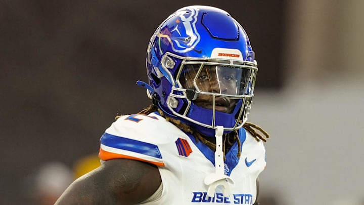 Nov 23, 2024; Laramie, Wyoming, USA; Boise State Broncos running back and Heisman Trophy candidate Ashton Jeanty (2) warms up before game against the Wyoming Cowboys at Jonah Field at War Memorial Stadium. Mandatory Credit: Troy Babbitt-Imagn Images

