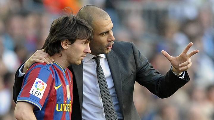 Coach Pep Guardiola talks with Leo Messi during a match during the duo's time at Barcelona.