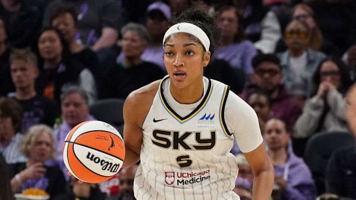 June 27, 2025; San Francisco, California, USA;  Chicago Sky forward Angel Reese (5) dribbles up court against the Golden State Valkyries in the third quarter at Chase Center. Mandatory Credit: David Gonzales-Imagn Images