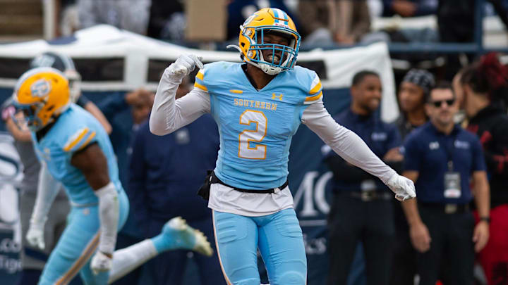 Southern Jaguars' defensive back Horacio Johnson (2) celebrates intercepting the ball during the SWAC Championship game against the Jackson State Tigers in Jackson, Miss., on Saturday, Dec. 7, 2024.