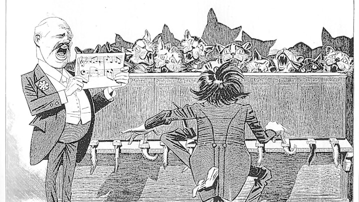 Illustration of a katzenklavier from the satirical magazine 'Kladderadatsch' circa 1897.