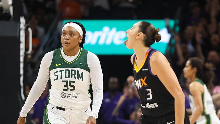 Phoenix Mercury guard Diana Taurasi (3) sticks her tongue out at Seattle Storm guard Victoria Vivians (35) after hitting a three-pointer on Sept. 19, 2024 at Footprint Center in Phoenix.