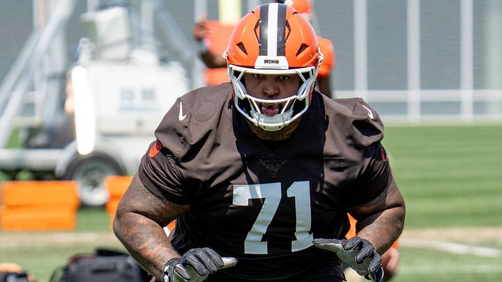Tytus Howard during a drill at the Browns mini camp in Berea on April 21, 2026. Tytus Howard during a drill at the Browns mini camp in Berea on April 21, 2026.