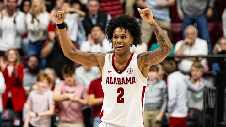 Alabama guard Aden Holloway celebrates a play in the second half of the game against Texas on Jan. 10, 2025.