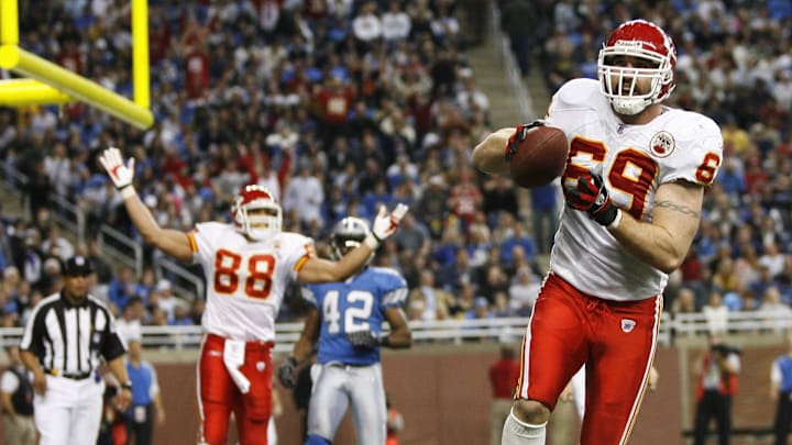 Dec 23, 2007; Detroit, MI, USA; Kansas City Chiefs tight end Jared Allen (69) celebrates a second quarter touchdown against the Detroit Lions at Ford Field. Mandatory Credit: Leon Halip-Imagn Images. Dec 23, 2007; Detroit, MI, USA; Kansas City Chiefs tight end Jared Allen (69) celebrates a second quarter touchdown against the Detroit Lions at Ford Field. Mandatory Credit: Leon Halip-Imagn Images.