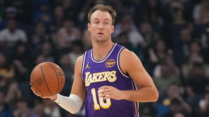 Apr 9, 2026; San Francisco, California, USA; Los Angeles Lakers guard Luke Kennard (10) brings the ball upcourt against the Golden State Warriors in the first quarter at the Chase Center. Mandatory Credit: Cary Edmondson-Imagn Images