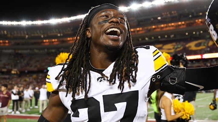 Sep 21, 2024; Minneapolis, Minnesota, USA; Iowa Hawkeyes defensive back Jermari Harris (27) celebrates his teams win after the game against the Minnesota Golden Gophers at Huntington Bank Stadium. Mandatory Credit: Matt Krohn-Imagn Images
