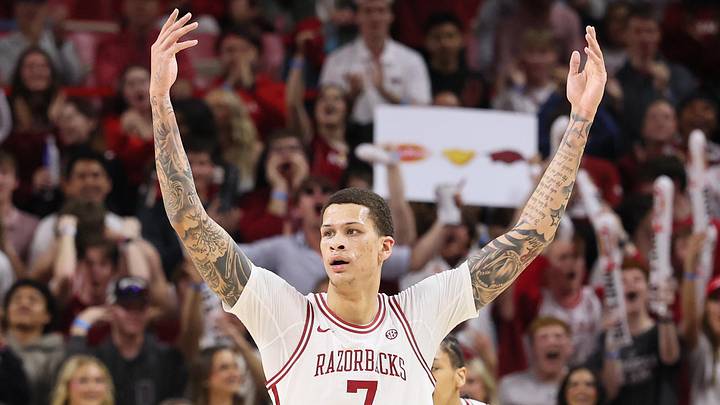 Arkansas Razorbacks forward Trevon Brazile (7) celebrates after a play against the Texas Longhorns during the first half at Bud Walton Arena. 