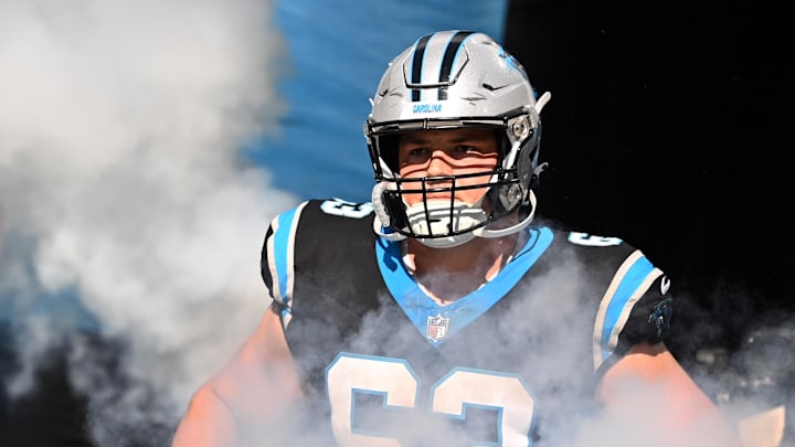 Oct 29, 2023; Charlotte, North Carolina, USA; Carolina Panthers guard Austin Corbett (63) runs on to Oct 29, 2023; Charlotte, North Carolina, USA; Carolina Panthers guard Austin Corbett (63) runs on to
