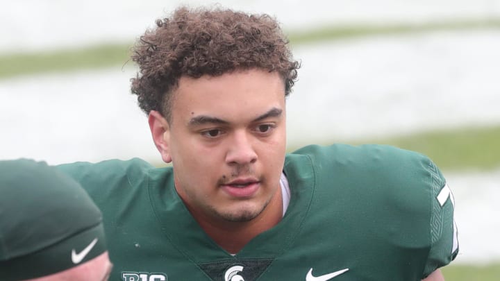 Michigan State offensive lineman Ethan Boyd leaves the field after the spring game Saturday, April