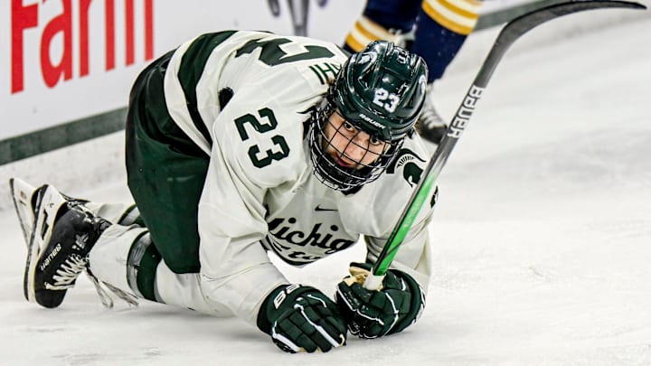 Michigan State's Shane Vansaghi gets up off the ice after falling against Notre Dame during the second period in the Big Ten tournament on Saturday, March 15, 2025, at Muni Arena in East Lansing. Michigan State's Shane Vansaghi gets up off the ice after falling against Notre Dame during the second period in the Big Ten tournament on Saturday, March 15, 2025, at Muni Arena in East Lansing.