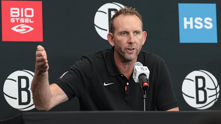 Sep 26, 2022; Brooklyn, NY, USA; Brooklyn Nets general manager Sean Marks talks to the media during media day at HSS Training Center. Mandatory Credit: Vincent Carchietta-Imagn Images