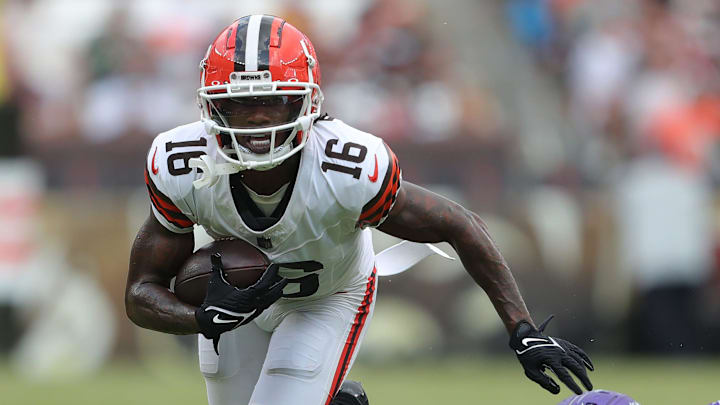 Cleveland Browns wide receiver Jaelon Darden (16) turns up the field for yards after breaking away from Minnesota Vikings safety Lewis Cine (6) during the second half of an NFL preseason football game at Cleveland Browns Stadium, Saturday, Aug. 17, 2024, in Cleveland, Ohio.