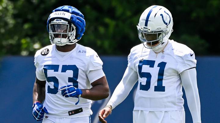 Jun 10, 2026; Indianapolis, IN, USA; Indianapolis Colts linebacker CJ Allen (53) and Indianapolis Colts linebacker Akeem Davis-Gaither (51) participate in a drill during minicamp at Indiana Farm Bureau Football Center. Mandatory Credit: Robert Goddin-Imagn Images Jun 10, 2026; Indianapolis, IN, USA; Indianapolis Colts linebacker CJ Allen (53) and Indianapolis Colts linebacker Akeem Davis-Gaither (51) participate in a drill during minicamp at Indiana Farm Bureau Football Center. Mandatory Credit: Robert Goddin-Imagn Images