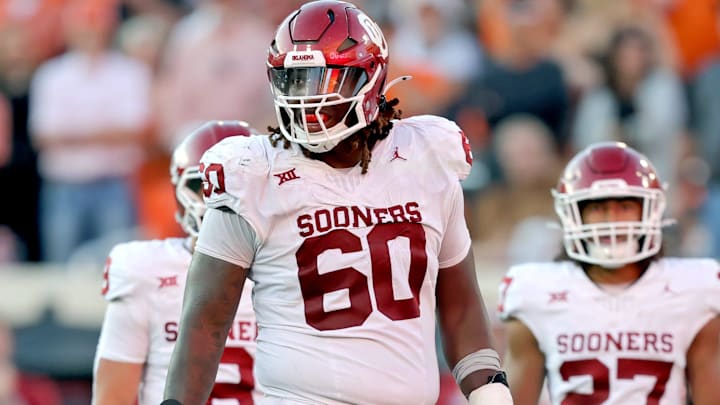 Oklahoma's Tyler Guyton (60) is pictured in the second half during a Bedlam college football game between the Oklahoma State University Cowboys (OSU) and the University of Oklahoma Sooners (OU) at Boone Pickens Stadium in Stillwater, Okla., Saturday, Nov. 4, 2023.