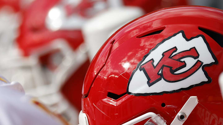 Oct 17, 2021; Landover, Maryland, USA; A view of Kansas City Chiefs players' helmets on the bench against the Washington Football Team at FedExField. Mandatory Credit: Geoff Burke-Imagn Images