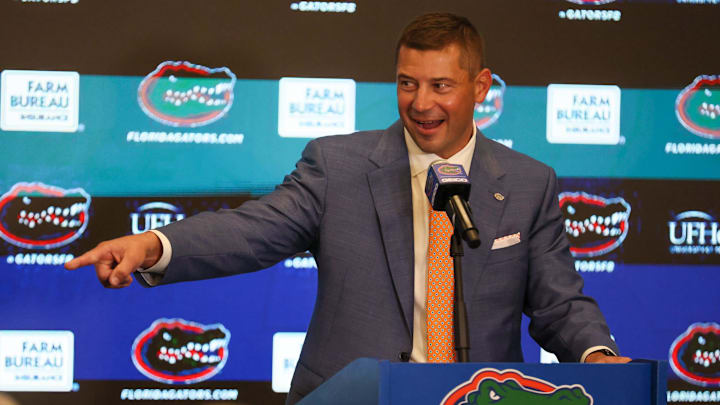 New UF head football coach Jon Sumrall speaks during a press conference at the James W. “Bill” Heavener Football Training Center in Gainesville, FL on Monday, December 1, 2025. [Alan Youngblood/Gainesville Sun]