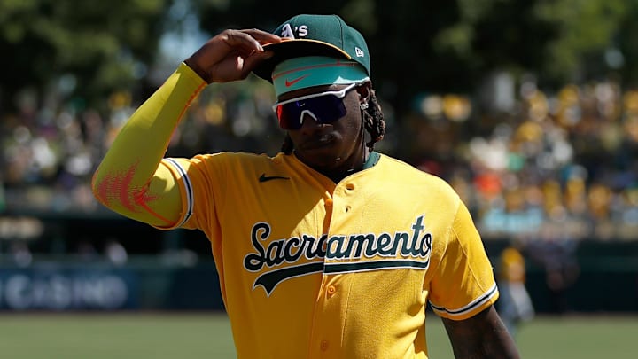 Apr 4, 2026; West Sacramento, California, USA; Athletics right fielder Lawrence Butler (4) looks on before a baseball game against the Houston Astros at Sutter Health Park. Mandatory Credit: Scott Marshall-Imagn Images