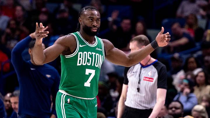 Jan 31, 2025; New Orleans, Louisiana, USA;  Boston Celtics guard Jaylen Brown (7) reacts to a play against the New Orleans Pelicans during the first half at Smoothie King Center. Mandatory Credit: Stephen Lew-Imagn Images