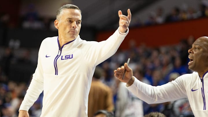 LSU head coach Matt McMahon reacts against Florida during the first half of an NCAA mens basketball game at Steven C. O'Connell Center Exactek arena in Gainesville, FL on Tuesday, January 20, 2026. [Alan Youngblood/Gainesville Sun]