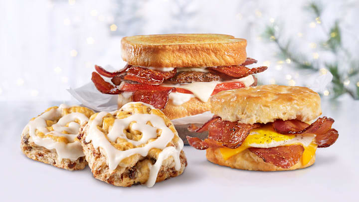 Hardee's Cinnamon ‘N’ Raisin Biscuits, Candied Bacon Biscuit with Fried Egg and Candied Bacon Frisco Burger