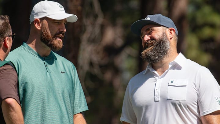 Travis Kelce and brother Jason Kelce talk on the 4th tee during the first round of the American Century Celebrity Championship golf tournament at Edgewood Tahoe Golf Course in Stateline, Nev., Friday, July 12, 2024. Travis Kelce and brother Jason Kelce talk on the 4th tee during the first round of the American Century Celebrity Championship golf tournament at Edgewood Tahoe Golf Course in Stateline, Nev., Friday, July 12, 2024.