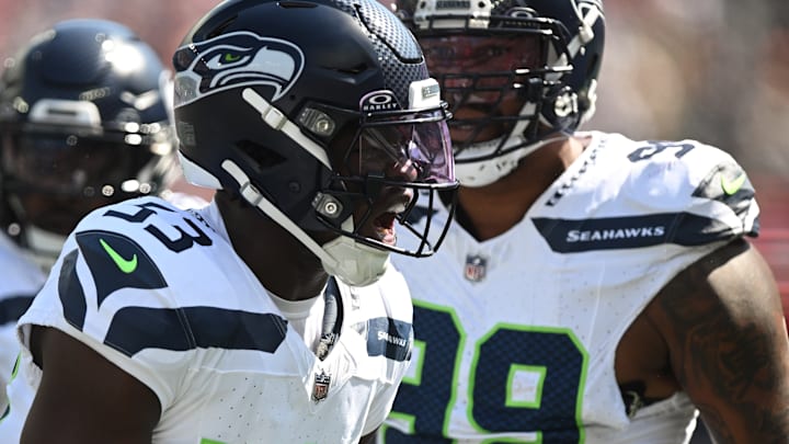 Sep 15, 2024; Foxborough, Massachusetts, USA; Seattle Seahawks linebacker Boye Mafe (53) reacts after a sack against the New England Patriots during the first half at Gillette Stadium.