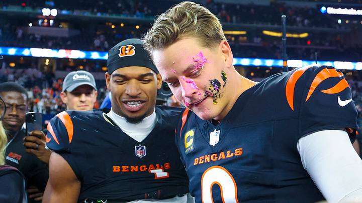 Dec 9, 2024; Arlington, Texas, USA; Cincinnati Bengals wide receiver Ja'Marr Chase (1) smashes a donut on the face of Cincinnati Bengals quarterback Joe Burrow (9) after the game against the Dallas Cowboys at AT&T Stadium. Mandatory Credit: Kevin Jairaj-Imagn Images Dec 9, 2024; Arlington, Texas, USA; Cincinnati Bengals wide receiver Ja'Marr Chase (1) smashes a donut on the face of Cincinnati Bengals quarterback Joe Burrow (9) after the game against the Dallas Cowboys at AT&T Stadium. Mandatory Credit: Kevin Jairaj-Imagn Images