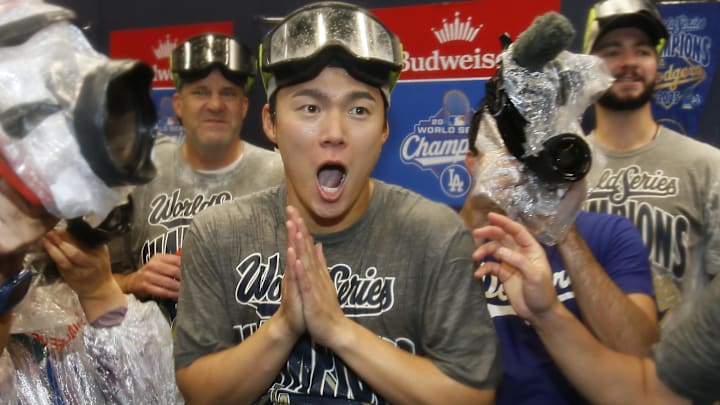 Los Angeles Dodgers pitcher Yoshinobu Yamamoto (18) celebrates after defeating the Toronto Blue Jays in the 2025 MLB World Series at Rogers Centre.