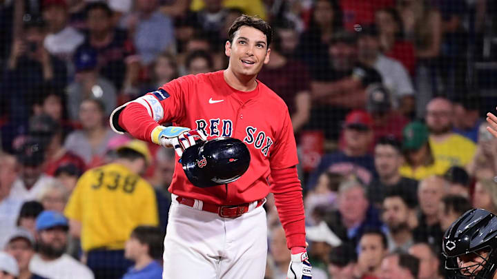 Aug 23, 2024; Boston, Massachusetts, USA; Boston Red Sox first baseman Triston Casas (36) reacts to fans during the sixth inning against the Arizona Diamondbacks at Fenway Park. Mandatory Credit: Eric Canha-Imagn Images Aug 23, 2024; Boston, Massachusetts, USA; Boston Red Sox first baseman Triston Casas (36) reacts to fans during the sixth inning against the Arizona Diamondbacks at Fenway Park. Mandatory Credit: Eric Canha-Imagn Images