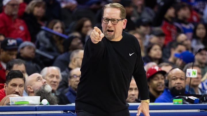 Dec 13, 2024; Philadelphia, Pennsylvania, USA; Philadelphia 76ers head coach Nick Nurse reacts to a play against the Indiana Pacers during the fourth quarter at Wells Fargo Center. Mandatory Credit: Bill Streicher-Imagn Images