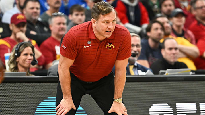 Mar 20, 2026; St. Louis, MO, USA; Iowa State Cyclones head coach T.J. Otzelberger looks on against the Tennessee State Tigers during the first half of a first round game of the men's 2026 NCAA Tournament at Enterprise Center.