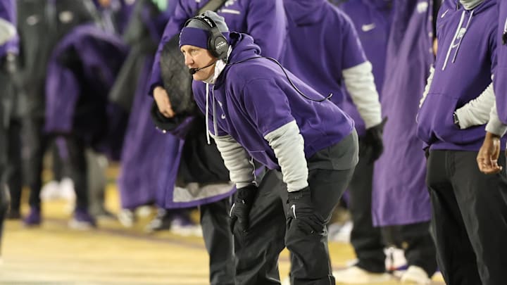 Nov 30, 2024; Ames, Iowa, USA; Kansas State Wildcats head coach Chris Klieman watches his team play the Iowa State Cyclones in the first quarter at Jack Trice Stadium. Mandatory Credit: Reese Strickland-Imagn Images