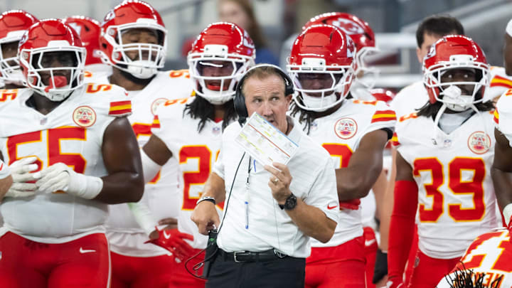Aug 9, 2025; Glendale, Arizona, USA; Kansas City Chiefs defensive coordinator Steve Spagnuolo against the Arizona Cardinals during a preseason NFL game at State Farm Stadium. Mandatory Credit: Mark J. Rebilas-Imagn Images