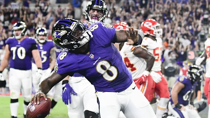 Sep 19, 2021; Baltimore, Maryland, USA; Baltimore Ravens quarterback Lamar Jackson (8) celebrates scoring a fourth quarter touchdown against the Kansas City Chiefs at M&T Bank Stadium. Mandatory Credit: Tommy Gilligan-Imagn Images Sep 19, 2021; Baltimore, Maryland, USA; Baltimore Ravens quarterback Lamar Jackson (8) celebrates scoring a fourth quarter touchdown against the Kansas City Chiefs at M&T Bank Stadium. Mandatory Credit: Tommy Gilligan-Imagn Images