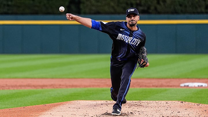 Detroit Tigers pitcher Charlie Morton (50) practices a pitch before throwing the second inning against Atlanta Braves at Comerica Park in Detroit on Friday, Sept. 19, 2025. Detroit Tigers pitcher Charlie Morton (50) practices a pitch before throwing the second inning against Atlanta Braves at Comerica Park in Detroit on Friday, Sept. 19, 2025.