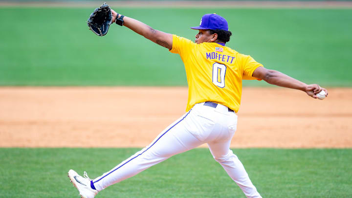Pitcher Aiden Moffett 0 on the mound as The LSU Tigers take on Texas A & M. Sunday, May 5, 2024.