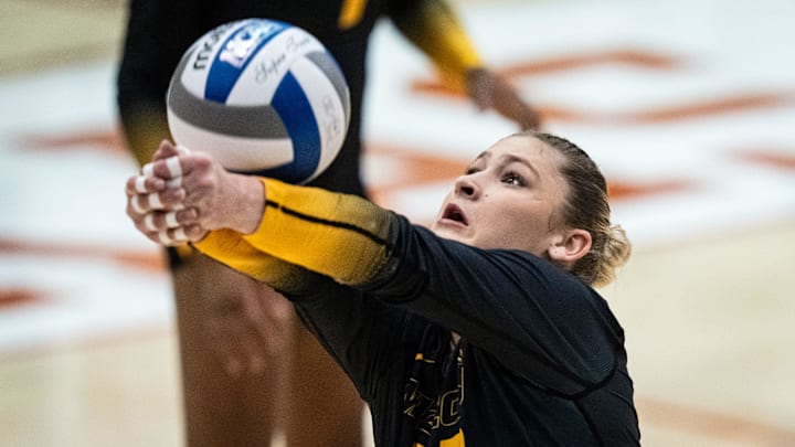 Missouri Tigers setter Marina Crownover (22), a former Texas Longhorn, bumps the ball during the Longhorns' match-up with the Missouri Tigers at the Gregory Gym in Austin, Nov. 1, 2024.