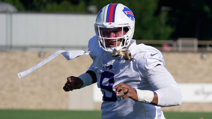 Bills Bradley Chubb takes a sharp turn around a dummy during a drill at Bills Training Camp at St. John Fisher University in Pittsford on Aug. 4, 2026. Bills Bradley Chubb takes a sharp turn around a dummy during a drill at Bills Training Camp at St. John Fisher University in Pittsford on Aug. 4, 2026.