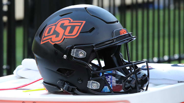 Oct 25, 2025; Lubbock, Texas, USA;  A general view of an Oklahoma State Cowboys helmet on the bench in the second half of the game against the Texas Tech Red Raiders at Jones AT&T Stadium. Mandatory Credit: Michael C. Johnson-Imagn Images