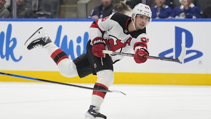 Oct 21, 2025; Toronto, Ontario, CAN; New Jersey Devils forward Jack Hughes (86) scores against the Toronto Maple Leafs during the second period at Scotiabank Arena. Mandatory Credit: John E. Sokolowski-Imagn Images