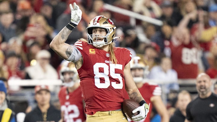 December 30, 2024; Santa Clara, California, USA; San Francisco 49ers tight end George Kittle (85) celebrates a first down against the Detroit Lions during the fourth quarter at Levi's Stadium. Mandatory Credit: Kyle Terada-Imagn Images December 30, 2024; Santa Clara, California, USA; San Francisco 49ers tight end George Kittle (85) celebrates a first down against the Detroit Lions during the fourth quarter at Levi's Stadium. Mandatory Credit: Kyle Terada-Imagn Images