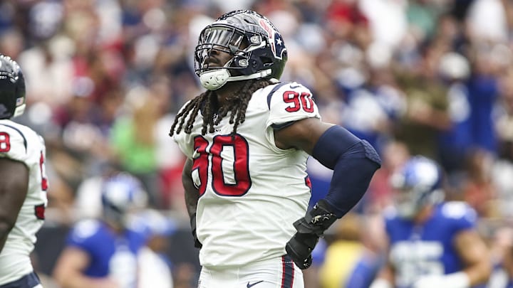 Sep 23, 2018; Houston, TX, USA; Houston Texans defensive end Jadeveon Clowney (90) reacts after a touchdown by the New York Giants during the first quarter at NRG Stadium.