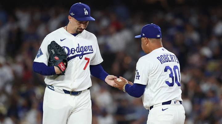 Oct 14, 2026; Los Angeles, California, USA; Los Angeles Dodgers manager Dave Roberts relieves pitcher Blake Snell (7) during the seventh inning against the Milwaukee Brewers in game three of the NLCS for the 2026 MLB Playoffs at Uniqlo Field at Dodger Stadium. Mandatory Credit: Kiyoshi Mio-Imagn Images Oct 14, 2026; Los Angeles, California, USA; Los Angeles Dodgers manager Dave Roberts relieves pitcher Blake Snell (7) during the seventh inning against the Milwaukee Brewers in game three of the NLCS for the 2026 MLB Playoffs at Uniqlo Field at Dodger Stadium. Mandatory Credit: Kiyoshi Mio-Imagn Images
