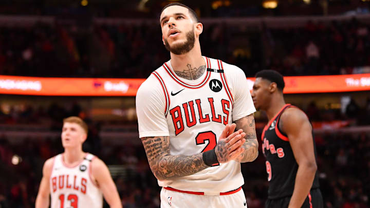 Feb 28, 2025; Chicago, Illinois, USA; Chicago Bulls guard Lonzo Ball (2) reacts during a game against the Toronto Raptors at the United Center. Mandatory Credit: Patrick Gorski-Imagn Images Feb 28, 2025; Chicago, Illinois, USA; Chicago Bulls guard Lonzo Ball (2) reacts during a game against the Toronto Raptors at the United Center. Mandatory Credit: Patrick Gorski-Imagn Images