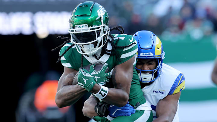 Former New York Jets wide receiver Davante Adams (17) runs with the ball against Los Angeles Rams linebacker Omar Speights (48) during the second quarter at MetLife Stadium.