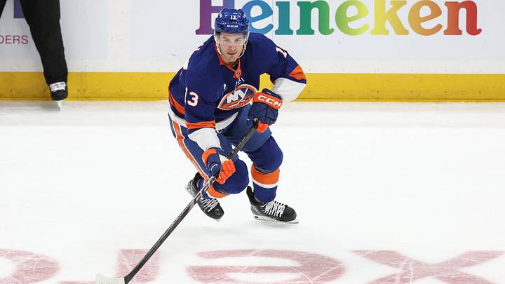Mar 26, 2026; Elmont, New York, USA; New York Islanders center Mathew Barzal (13) controls the puck in the first period against the Dallas Stars at UBS Arena. Mandatory Credit: Wendell Cruz-Imagn Images Mar 26, 2026; Elmont, New York, USA; New York Islanders center Mathew Barzal (13) controls the puck in the first period against the Dallas Stars at UBS Arena. Mandatory Credit: Wendell Cruz-Imagn Images