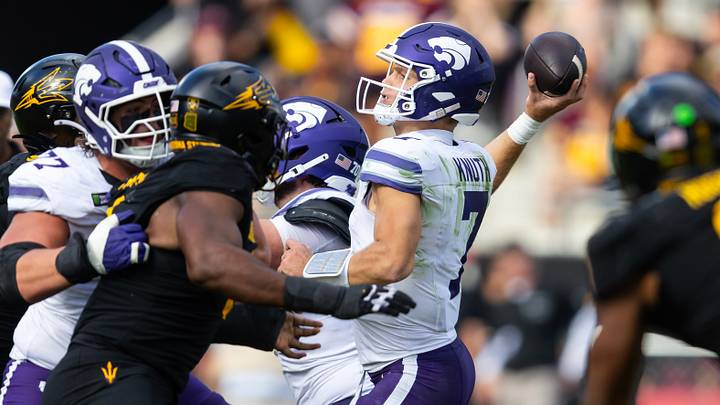 Oct 24, 2026; Tempe, Arizona, USA; Kansas State Wildcats quarterback Jacob Knuth (7) against the Arizona State Sun Devils in the first half at Mountain America Stadium. Mandatory Credit: Mark J. Rebilas-Imagn Images Oct 24, 2026; Tempe, Arizona, USA; Kansas State Wildcats quarterback Jacob Knuth (7) against the Arizona State Sun Devils in the first half at Mountain America Stadium. Mandatory Credit: Mark J. Rebilas-Imagn Images