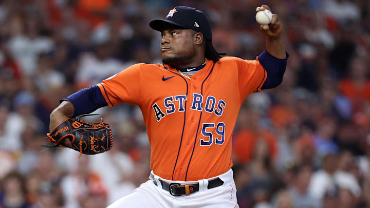 Oct 22, 2023; Houston, Texas, USA; Houston Astros starting pitcher Framber Valdez (59) throws